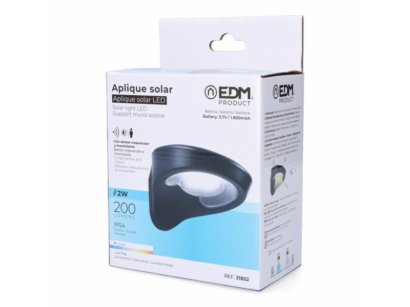 LED Аплик EDM 31852 Черен 2 W 1,8 W 200 Lm 155 Lm Слънчев Сензор за Движение (6500 K)