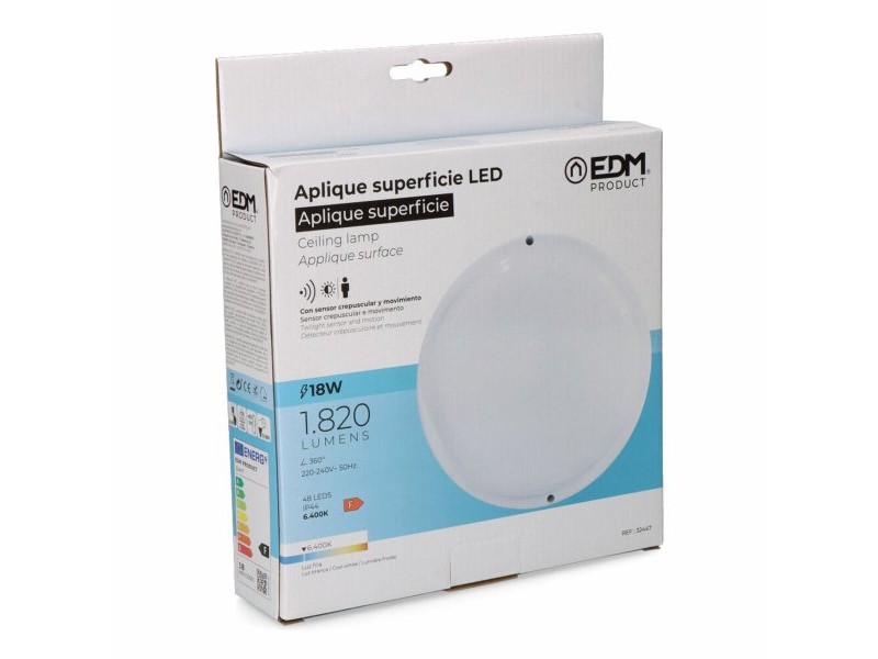 Аплик за стена EDM 32447 Бял Пластмаса F 18 W 120 W 1820 Lm Сензор за Движение Светлинни Сензори Кръгъл (6400 K)