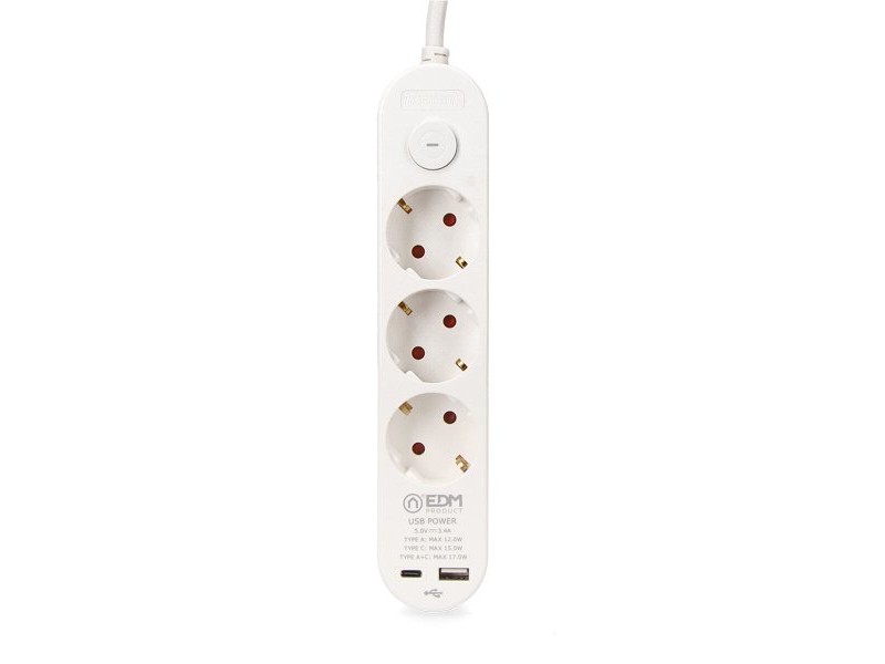 Табло с 3 гнезда с бутон за включване EDM 41822 Бял 3680 W 250 V 30 W (1,5 m)