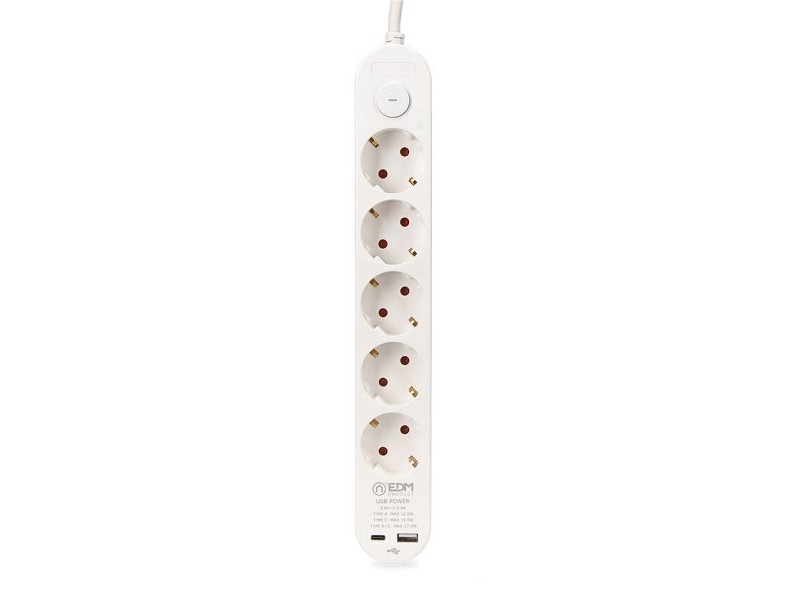 Контакт - 5 изхода с копче EDM 41824 Бял 3680 W 250 V (1,5 m)