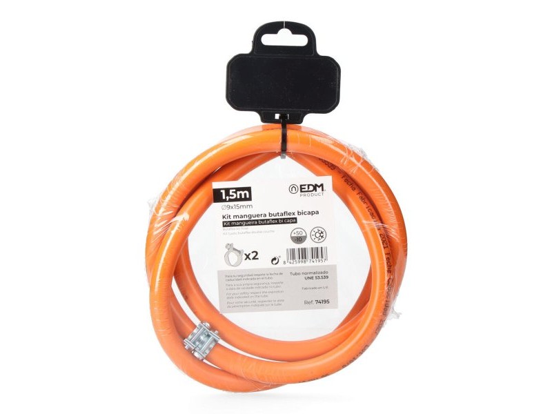 Tръба за Газ Бутан EDM 74195 Butaflex 1,5 m 9 x 15 mm Двоен слой 2 Скоба