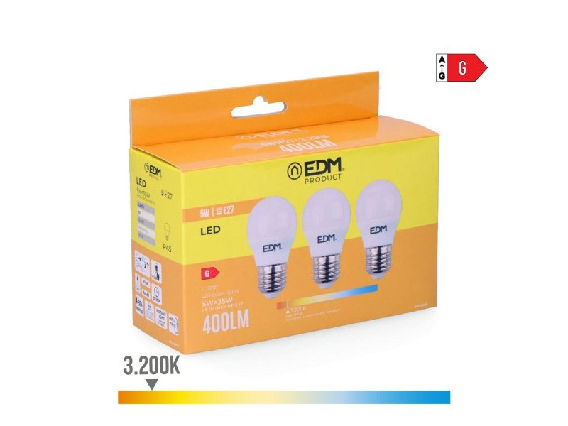 Опаковка от 3 LED крушки EDM 98201 G 35 W 5 W 50 W E27 3200 Lm Ø 4,5 x 8 cm (3200 K)