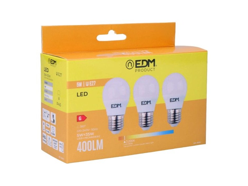 Опаковка от 3 LED крушки EDM 98201 G 35 W 5 W 50 W E27 3200 Lm Ø 4,5 x 8 cm (3200 K)