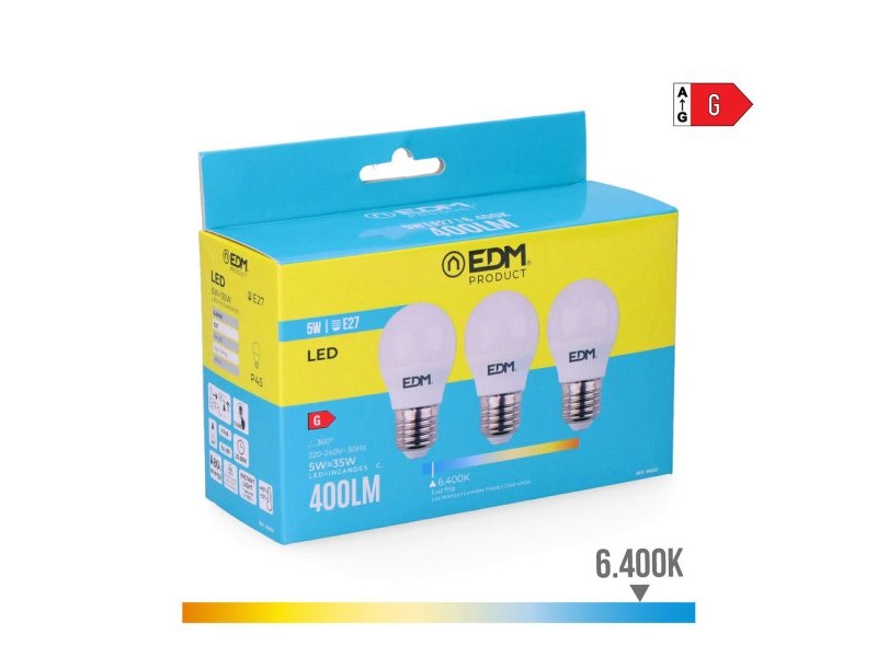 Опаковка от 3 LED крушки EDM 98203 G 35 W 5 W 50 W E27 400 lm Ø 4,5 x 8 cm (6400 K)
