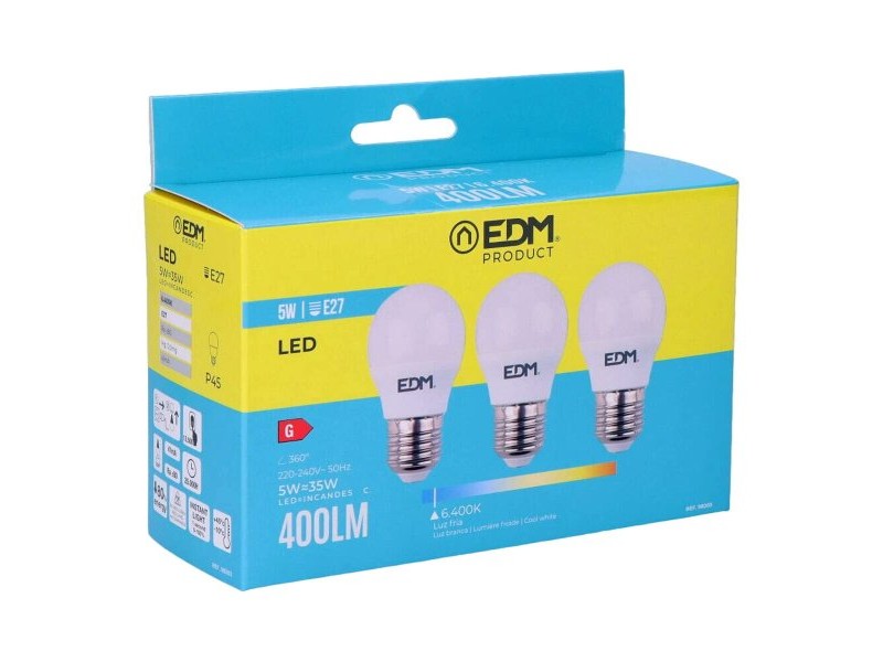 Опаковка от 3 LED крушки EDM 98203 G 35 W 5 W 50 W E27 400 lm Ø 4,5 x 8 cm (6400 K)