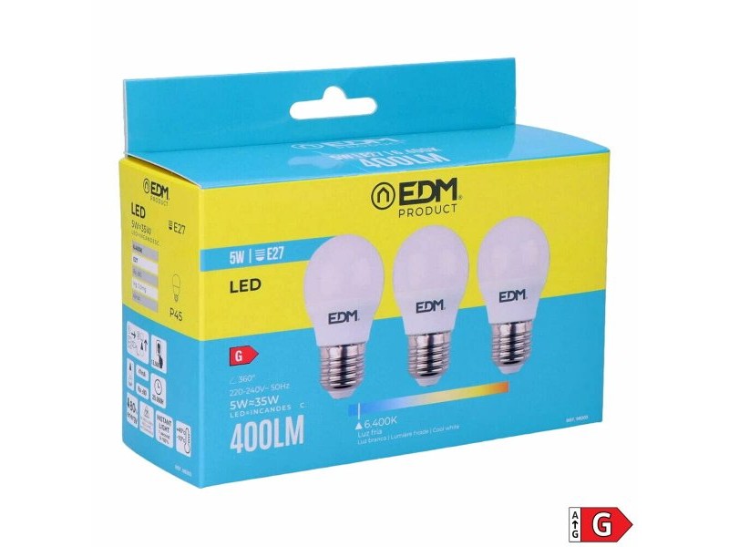 Опаковка от 3 LED крушки EDM 98203 G 35 W 5 W 50 W E27 400 lm Ø 4,5 x 8 cm (6400 K)