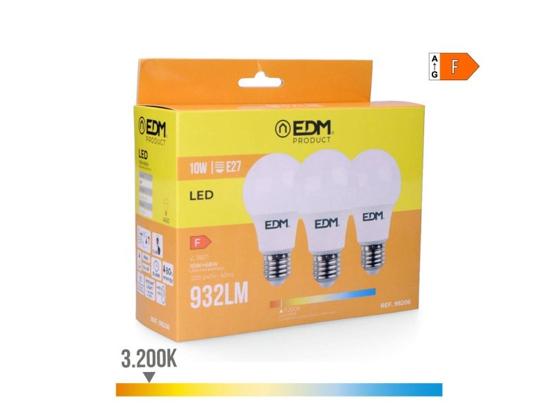 Опаковка от 3 LED крушки EDM 98206 F 60 W 10 W 68 W E27 810 Lm 932 Lm Ø 6 x 10,8 cm (3200 K) Опаковка от 3 LED крушки EDM 98206 F 60 W 10 W 68 W E27 810 Lm 932 Lm Ø 6 x 10,8 cm (3200 K)