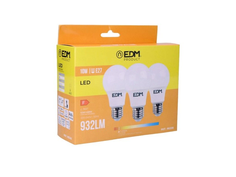 Опаковка от 3 LED крушки EDM 98206 F 60 W 10 W 68 W E27 810 Lm 932 Lm Ø 6 x 10,8 cm (3200 K)