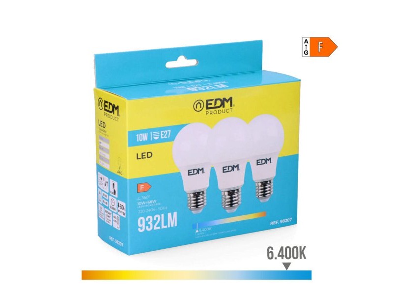 Опаковка от 3 LED крушки EDM 98207 F 60 W 10 W 68 W E27 810 Lm 932 Lm Ø 6 x 10,8 cm (6400 K)