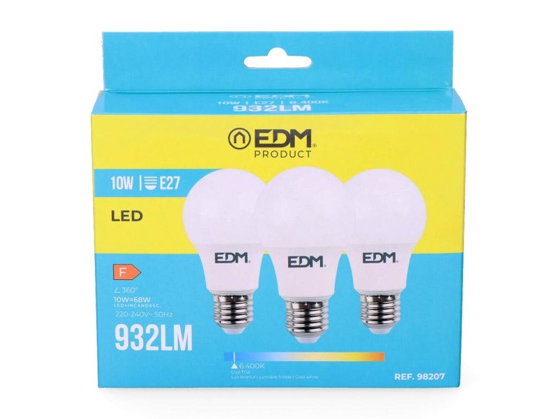 Опаковка от 3 LED крушки EDM 98207 F 60 W 10 W 68 W E27 810 Lm 932 Lm Ø 6 x 10,8 cm (6400 K)