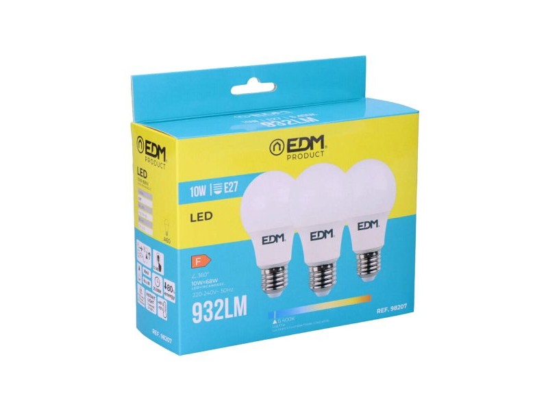 Опаковка от 3 LED крушки EDM 98207 F 60 W 10 W 68 W E27 810 Lm 932 Lm Ø 6 x 10,8 cm (6400 K)