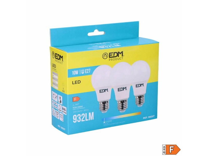 Опаковка от 3 LED крушки EDM 98207 F 60 W 10 W 68 W E27 810 Lm 932 Lm Ø 6 x 10,8 cm (6400 K)