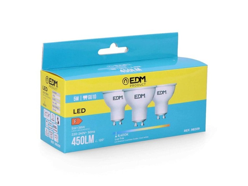 Опаковка от 3 LED крушки EDM 98209 F 5 W 45 W 38 W GU10 450 lm Ø 5 x 5,5 cm (6400 K) Опаковка от 3 LED крушки EDM 98209 F 5 W 45 W 38 W GU10 450 lm Ø 5 x 5,5 cm (6400 K)