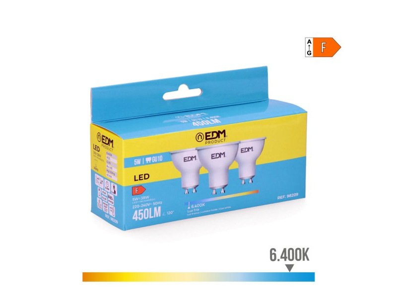 Опаковка от 3 LED крушки EDM 98209 F 5 W 45 W 38 W GU10 450 lm Ø 5 x 5,5 cm (6400 K) Опаковка от 3 LED крушки EDM 98209 F 5 W 45 W 38 W GU10 450 lm Ø 5 x 5,5 cm (6400 K)