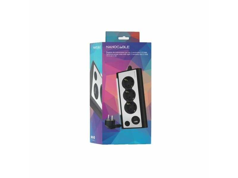 Schuko 3 начина многофункционален адаптер за контакт NANOCABLE 10.37.0013-BK USB x 2