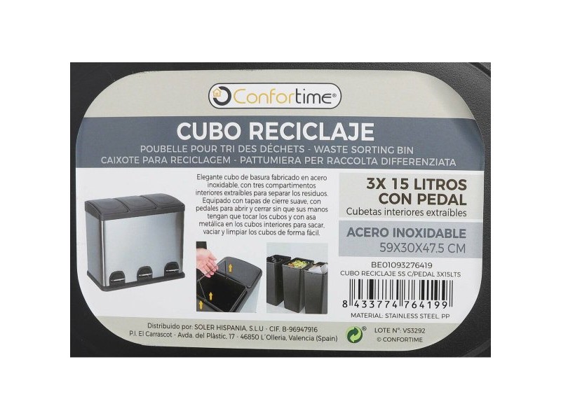 Кошче за Рециклирани Отпадъци Confortime Неръждаема стомана 45 L
