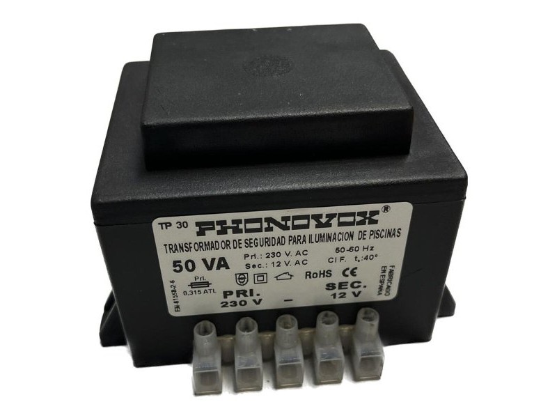 Safety transformer for swimming pool lighting PHONOVOX tp31050 50 VA 12 V 230 V 50-60 Hz 9,8 x 7,9 x 6,4 cm