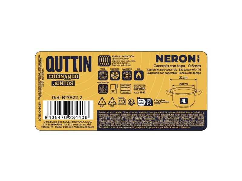 Касерола с Капак Quttin New neron Ø 22 cm 4 L 30 x 22 x 12 cm Стомана
