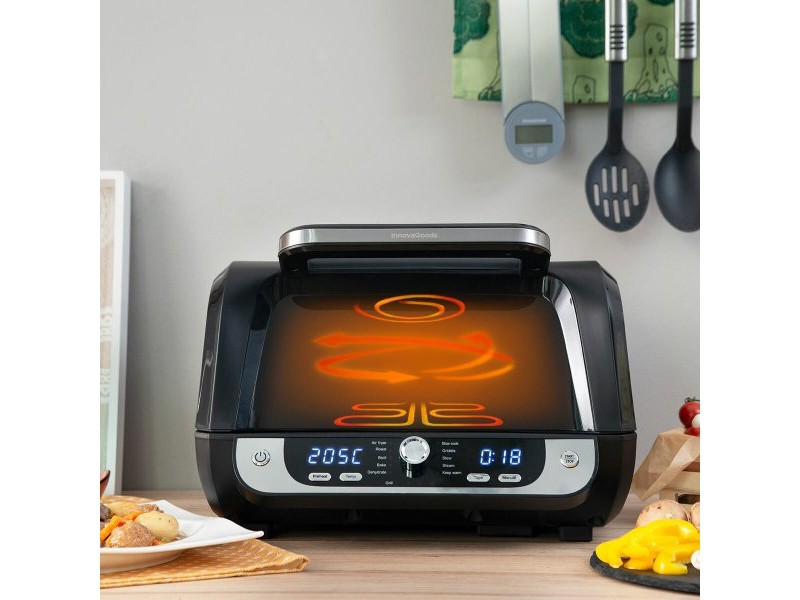 въздушен фритюрник с грил, аксесоари и книга с рецепти InnovaGoods Fryinn 12-in-1 6000 Черен Стомана 3400 W 6 L