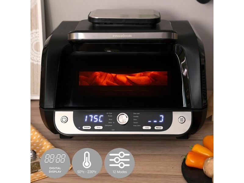въздушен фритюрник с грил, аксесоари и книга с рецепти InnovaGoods Fryinn 12-in-1 6000 Черен Стомана 3400 W 6 L