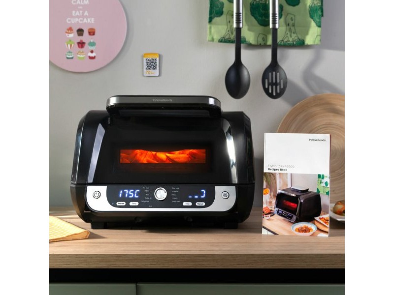 въздушен фритюрник с грил, аксесоари и книга с рецепти InnovaGoods Fryinn 12-in-1 6000 Черен Стомана 3400 W 6 L