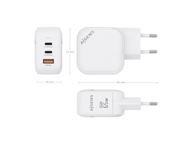 Зарядно за стена Aisens ASCH-65W3P026-W Бял 65 W (1 броя) Зарядно за стена Aisens ASCH-65W3P026-W Бял 65 W (1 броя)