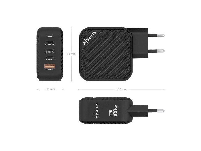 Зарядно за стена Aisens ASCH-100W4P029-BK 100 W Черен (1 броя)
