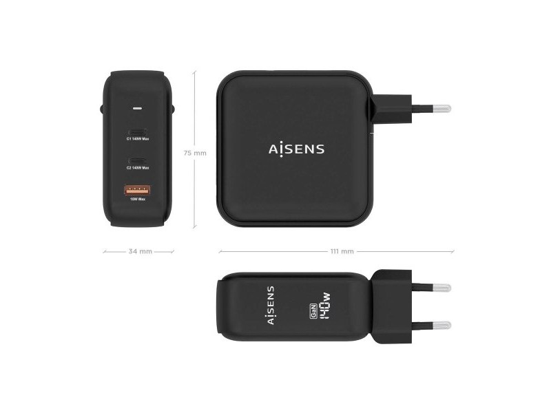Зарядно за стена Aisens ASCH-140W3P031-BK 140 W Черен (1 броя)