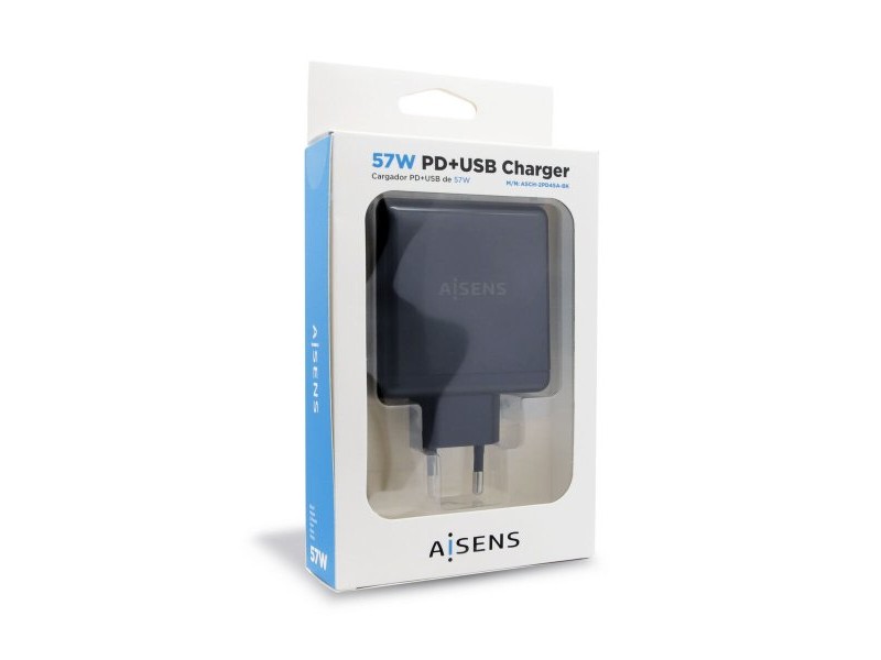 USB зарядно стена Aisens ASCH-2PD45A-BK 57 W Черен USB-C