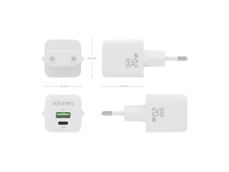 Зарядно за стена Aisens ASCH-20W2P010-W Бял 20 W (1 броя)