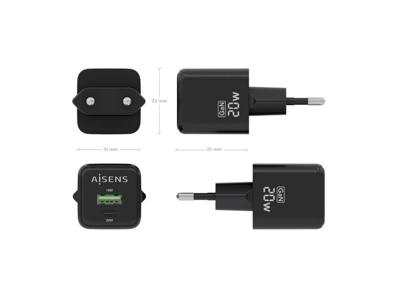 Зарядно за стена Aisens ASCH-20W2P011-BK 20 W Черен (1 броя) Зарядно за стена Aisens ASCH-20W2P011-BK 20 W Черен (1 броя)