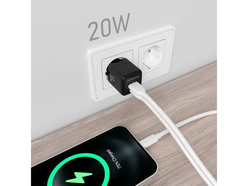 Зарядно за стена Aisens ASCH-20W2P011-BK 20 W Черен (1 броя) Зарядно за стена Aisens ASCH-20W2P011-BK 20 W Черен (1 броя)