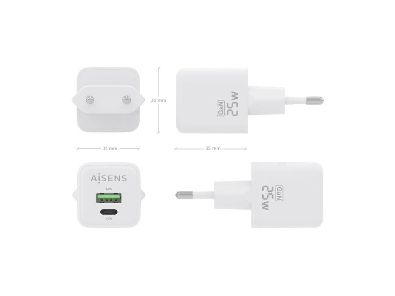 Зарядно за стена Aisens ASCH-25W2P014-W Бял 25 W (1 броя) Зарядно за стена Aisens ASCH-25W2P014-W Бял 25 W (1 броя)