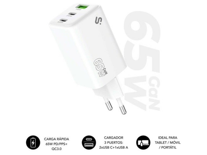 Зарядно за стена Subblim SUBCHG-6G6530 Бял 65 W 120 W