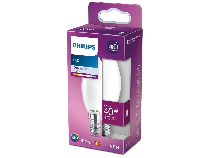 LED крушка Philips Свещ Бял F 40 W 4,3 W E14 470 lm 3,5 x 9,7 cm (4000 K) LED крушка Philips Свещ Бял F 40 W 4,3 W E14 470 lm 3,5 x 9,7 cm (4000 K)