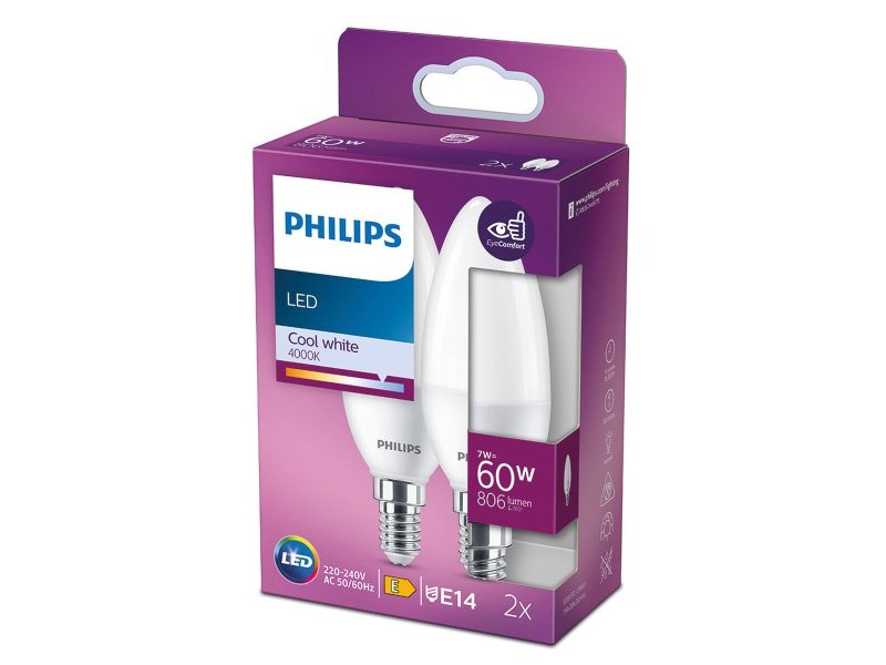 Крушка за лампа тип свещ Philips E 7 W E14 806 lm Ø 3,8 x 11,4 cm 2 броя (4000 K)