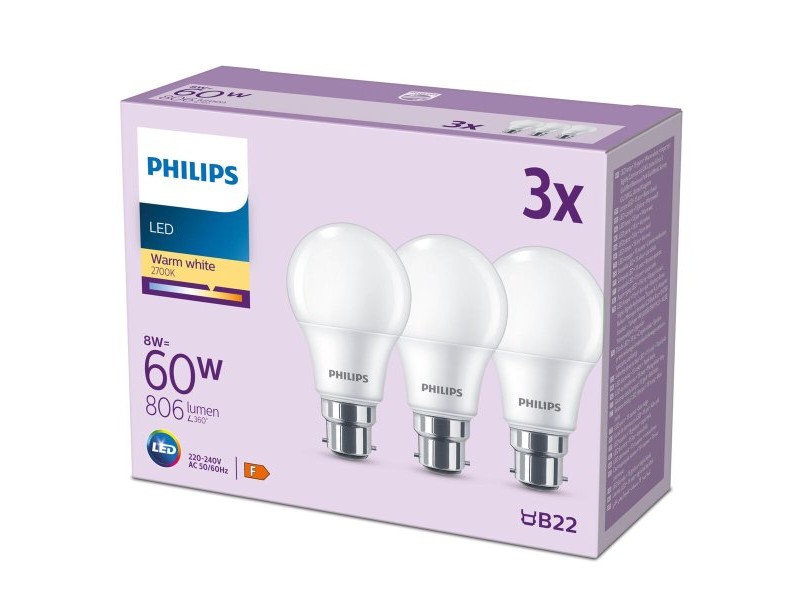 LED крушка Philips 60 W матов Топло Бяло F 8 W 60 W B22 3 броя (2700 K) LED крушка Philips 60 W матов Топло Бяло F 8 W 60 W B22 3 броя (2700 K)