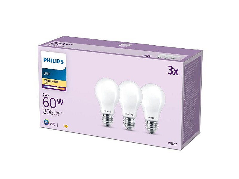 LED крушка Philips A60 E27 Топло Бяло E 7 W 60 W E27 806 lm 3 броя (2700 K)