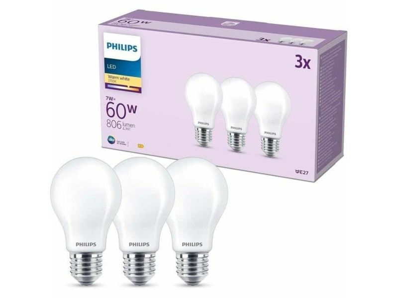 LED крушка Philips A60 E27 Топло Бяло E 7 W 60 W E27 806 lm 3 броя (2700 K)