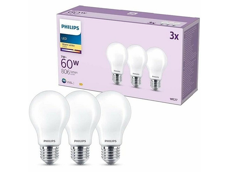 LED крушка Philips A60 E27 Топло Бяло E 7 W 60 W E27 806 lm 3 броя (2700 K)