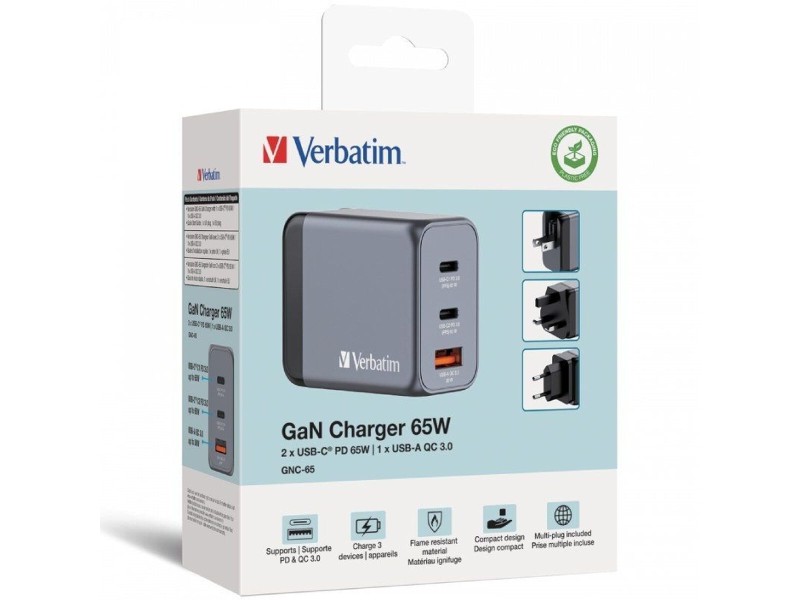 Зарядно за стена Verbatim GNC-65 Черен 65 W Универсален (10 броя) NaN –  BB Мрежови зарядни