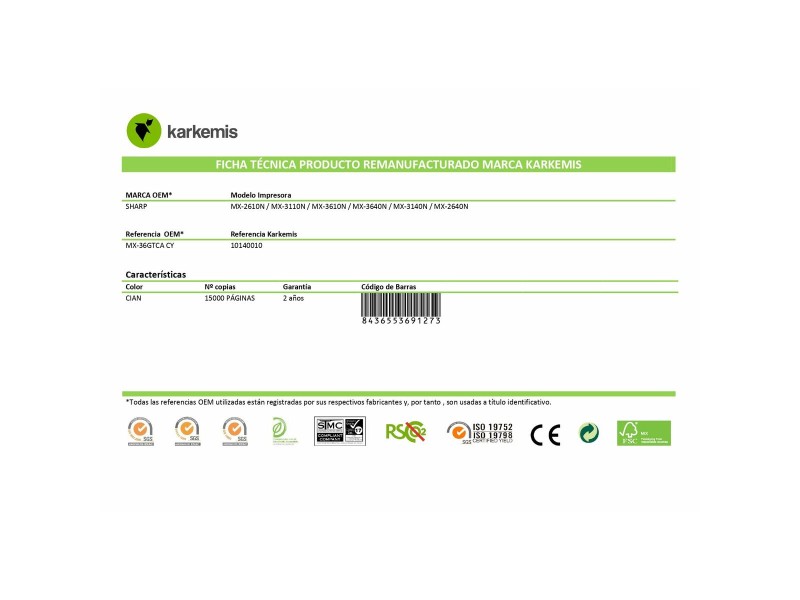 Oригинален тонер Karkemis MX-36GTCA CY 15.000 Синьо-зелен NaN –  BB Тонер касети