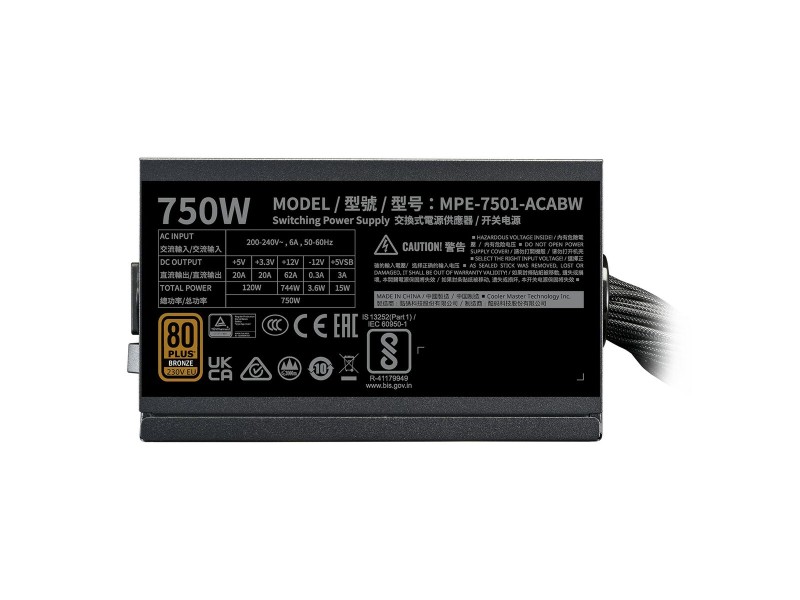 Захранване Cooler Master MPE-7501-ACABW-3BEU ATX 750 W 80 Plus Bronze RoHS CE NaN –  BB Захранвания