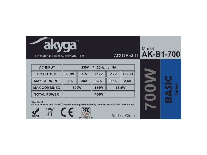 Захранване Akyga AK-B1-700 700 W Набор от кабели Странична вентилация ATX NaN –  BB Захранвания