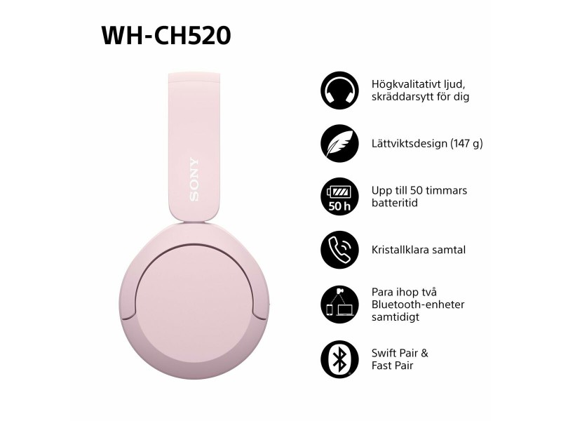 Слушалки с лента за глава Sony WHCH520P.CE7 Розов NaN –  BB Слушалки