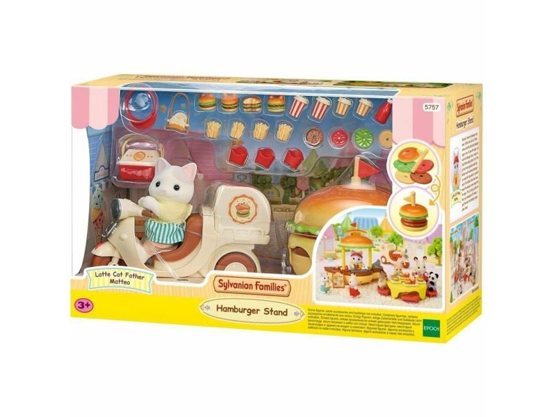 Аксесоари за Къща на Кукли Sylvanian Families Puesto de hamburguesas - Papa Latte Cat y Scooter 30 Части NaN –  BB Кукли и екшън фигури