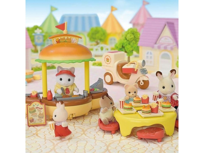 Аксесоари за Къща на Кукли Sylvanian Families Puesto de hamburguesas - Papa Latte Cat y Scooter 30 Части NaN –  BB Кукли и екшън фигури