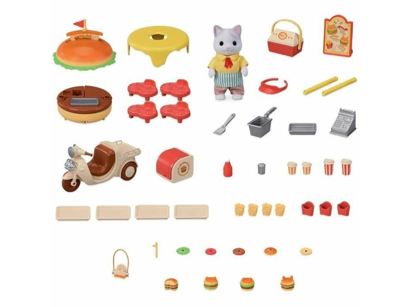 Аксесоари за Къща на Кукли Sylvanian Families Puesto de hamburguesas - Papa Latte Cat y Scooter 30 Части NaN –  BB Кукли и екшън фигури