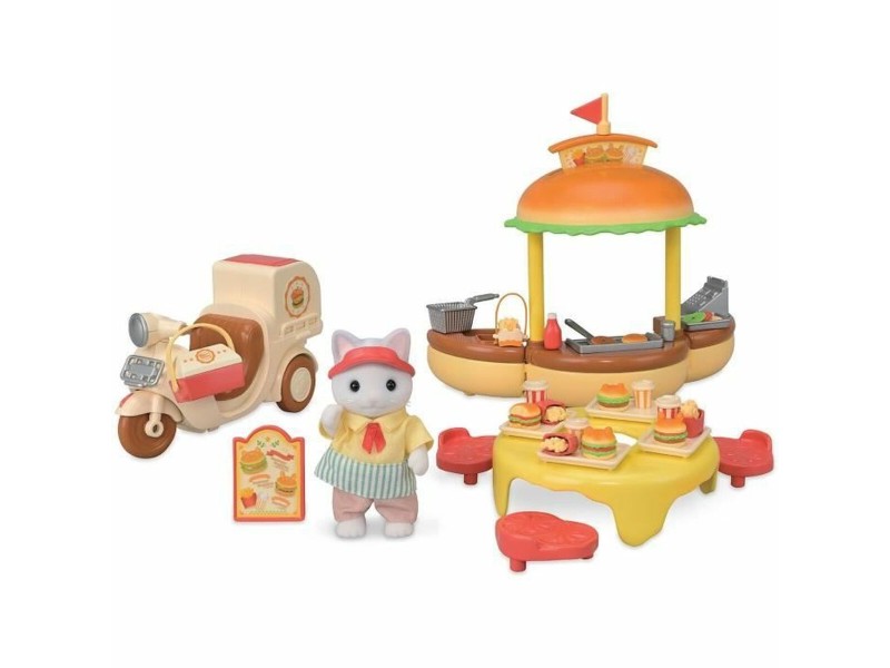 Аксесоари за Къща на Кукли Sylvanian Families Puesto de hamburguesas - Papa Latte Cat y Scooter 30 Части NaN –  BB Кукли и екшън фигури