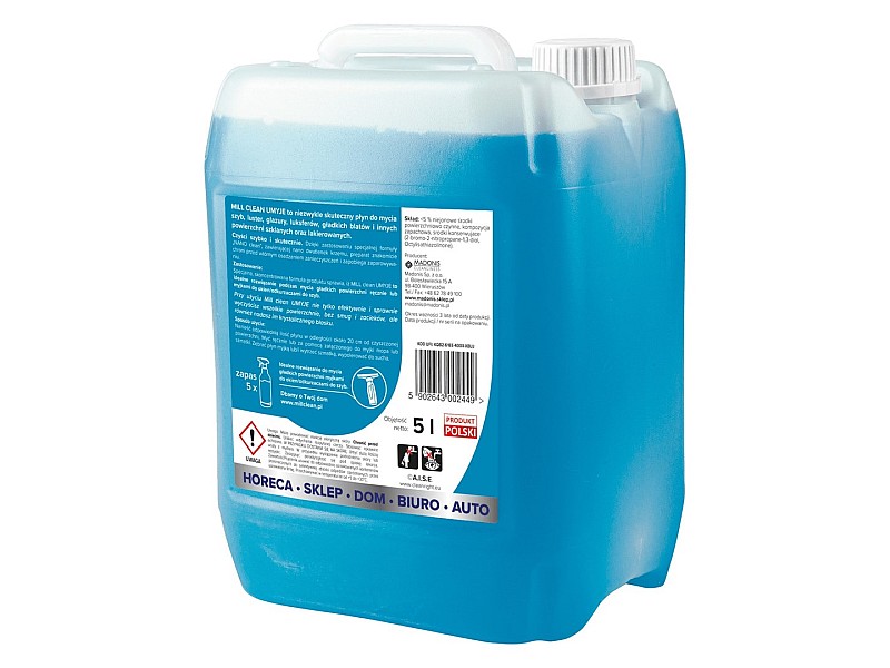 MILL CLEAN CLEANS 5 liters. A liquid cleaner for windows, mirrors, tiles, and countertops. It removes dust and grease stains without leaving streaks or smudges. The large 5-liter canister is ideal for cleaning companies, hotels, and offices.